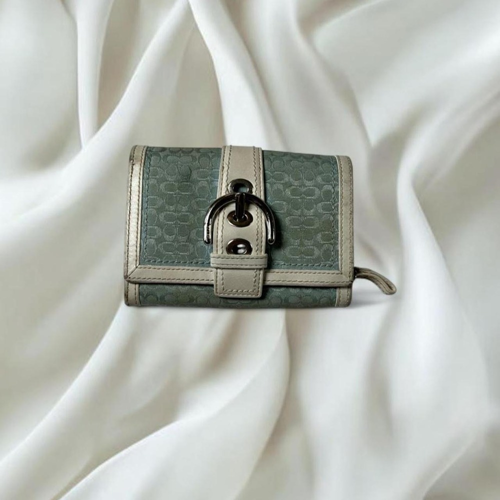 Coach soho light blue signature C white leather buckle tri fold wallet y2k
